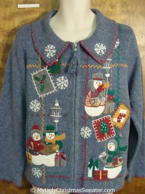 Tacky Blue Snowman Themed Ugly Christmas Sweater