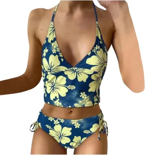 Tankini Bathing Suit for Women Halter V Neck Hawaii Tropical Floral Print Low Back Swimsuit Sexy 2 Piece Swimwear