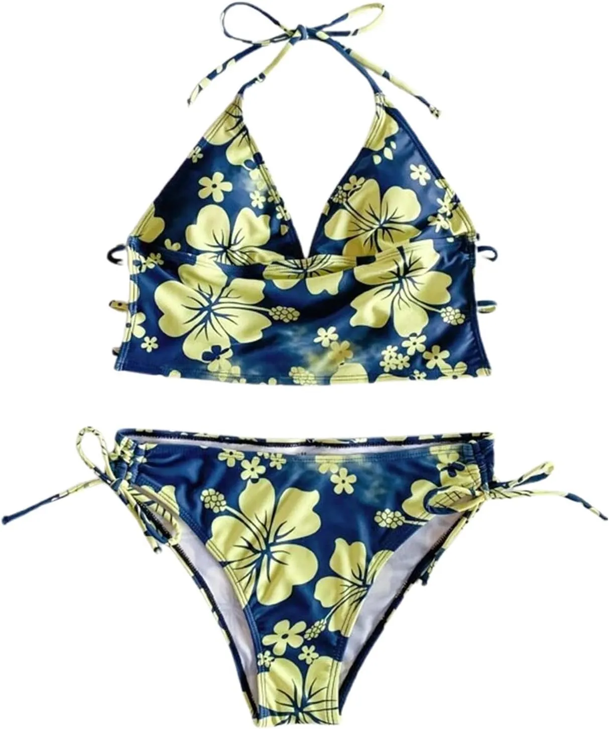 Tankini Bathing Suit for Women Halter V Neck Hawaii Tropical Floral Print Low Back Swimsuit Sexy 2 Piece Swimwear