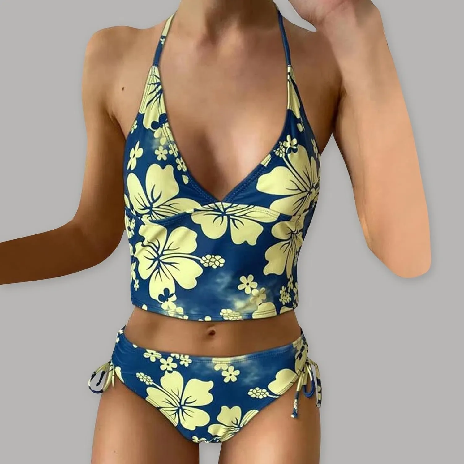 Tankini Bathing Suit for Women Halter V Neck Hawaii Tropical Floral Print Low Back Swimsuit Sexy 2 Piece Swimwear