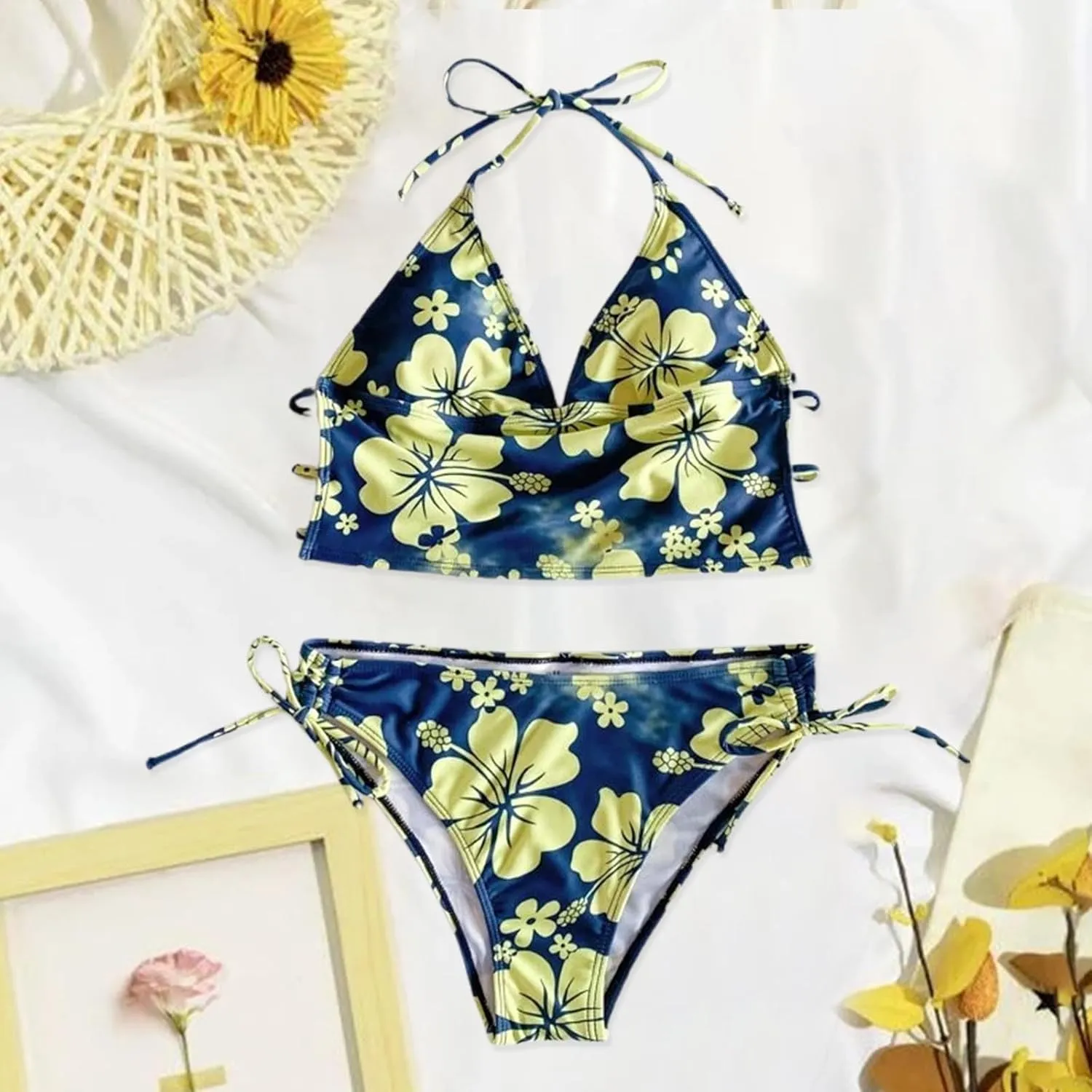 Tankini Bathing Suit for Women Halter V Neck Hawaii Tropical Floral Print Low Back Swimsuit Sexy 2 Piece Swimwear