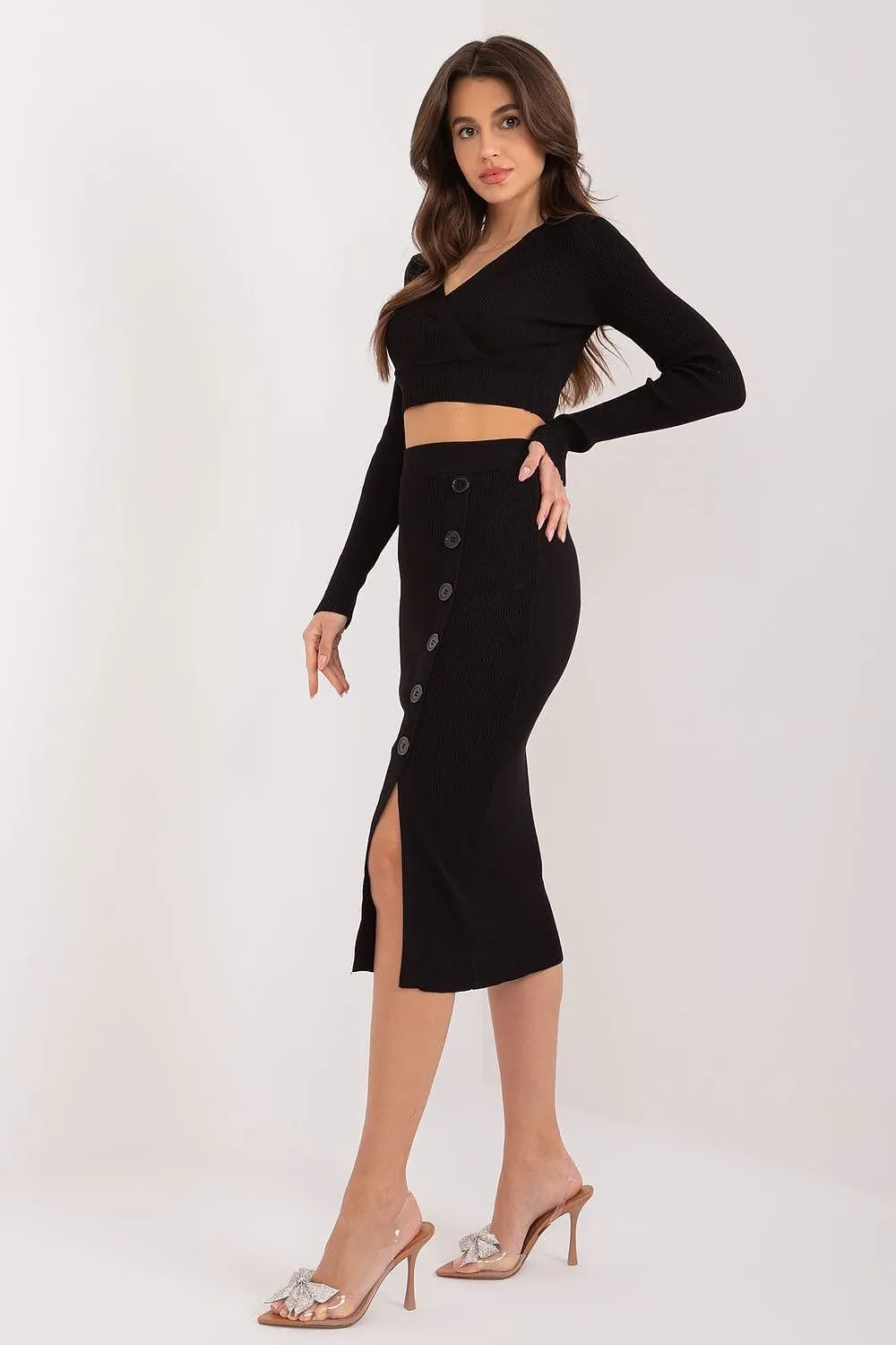 TEEK - Cropped V-Neck Top Button Slit Skirt Set