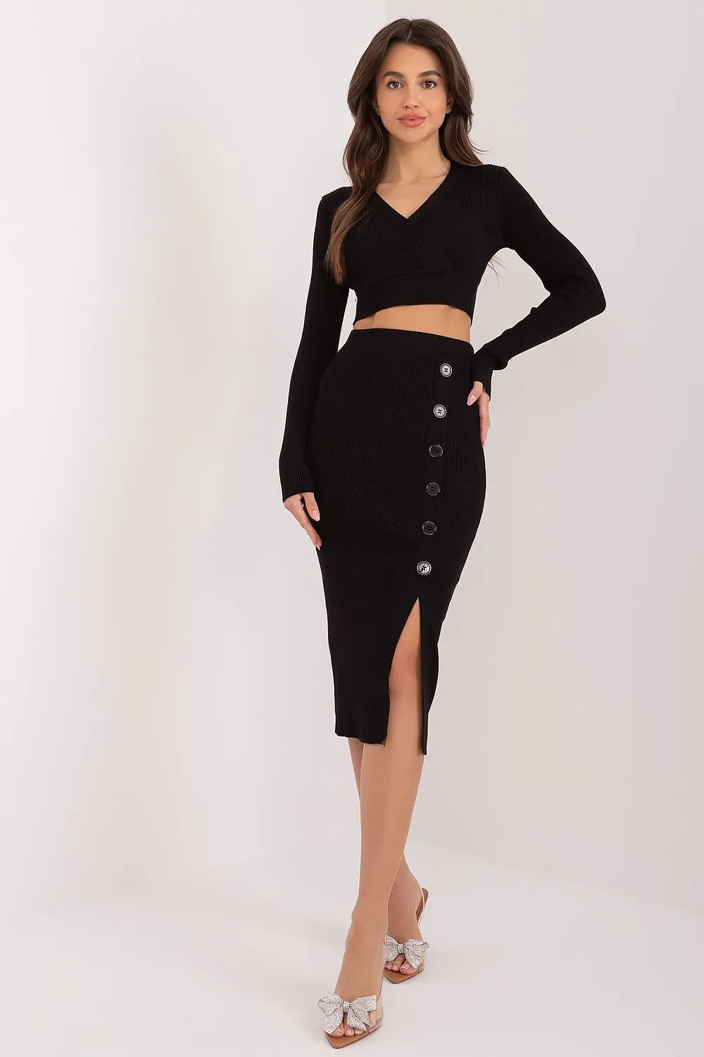 TEEK - Cropped V-Neck Top Button Slit Skirt Set