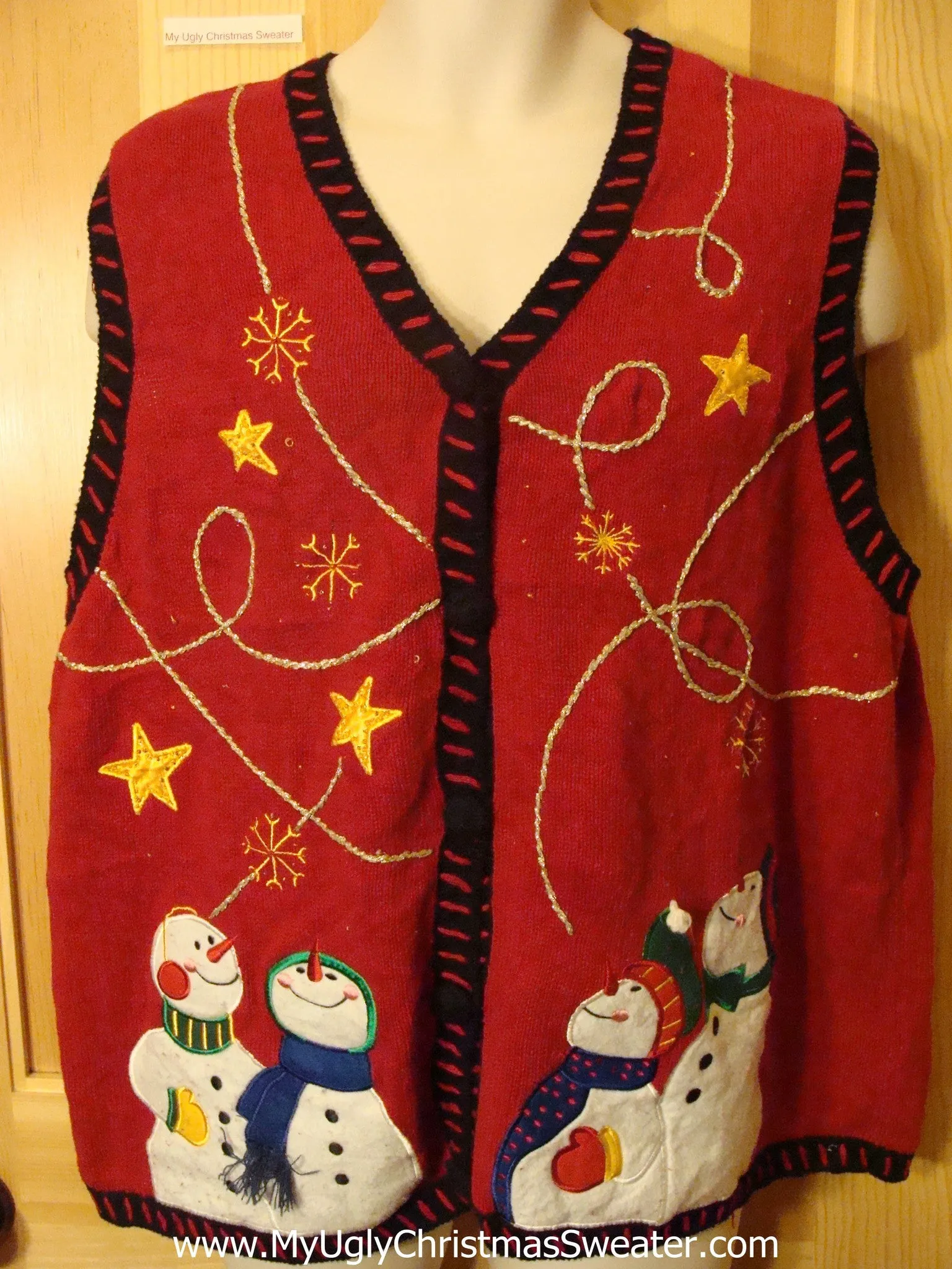 Ugly Xmas Sweater Vest with Crafty Embroidery and Snowmen