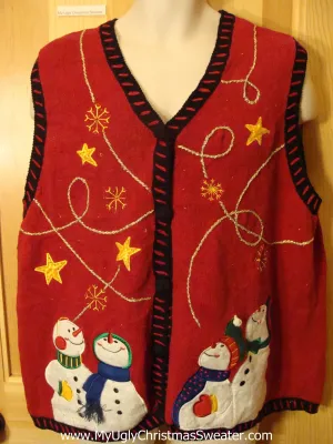 Ugly Xmas Sweater Vest with Crafty Embroidery and Snowmen