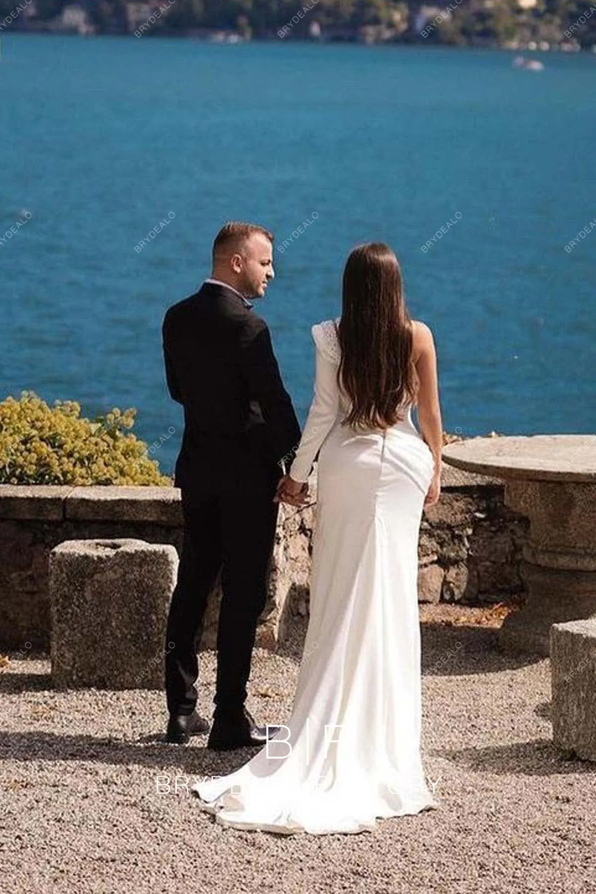 Unique Pearls One Sleeve Sexy Slit Satin Mermaid Beach Wedding Dress