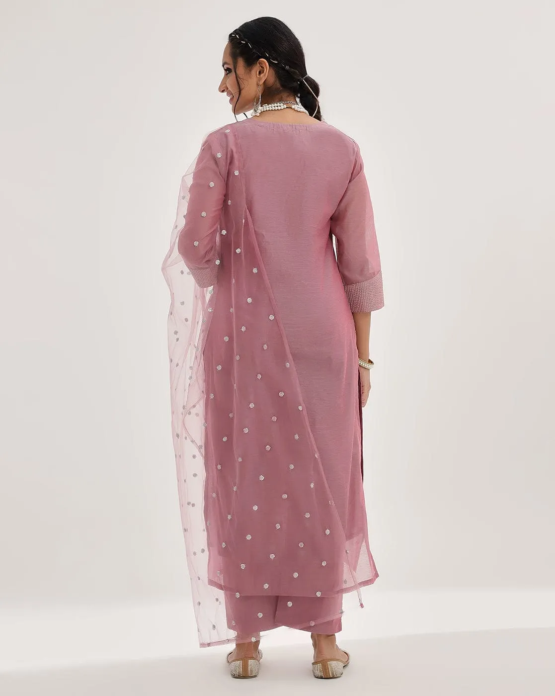 Varanga Women Mauve Floral Embroidered Regular Chanderi Silk Kurta With Trousers & With Dupatta