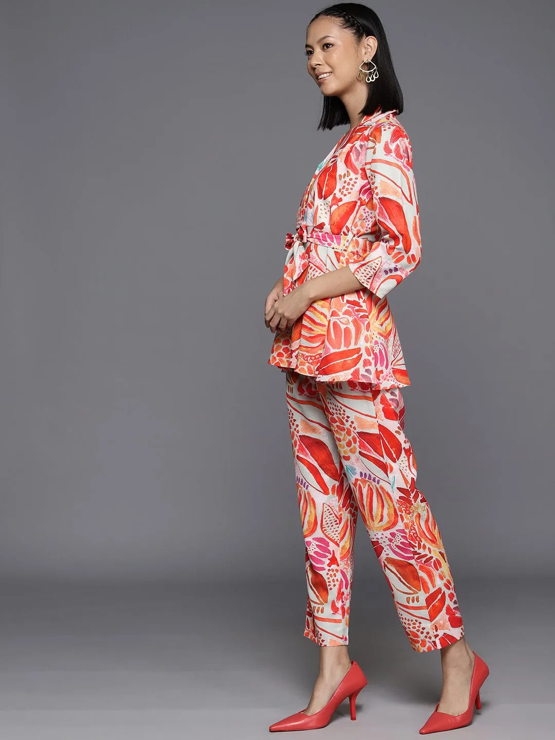 Varanga Women Rust Abstract Printed Top Paired With Tonal Printed Bottom