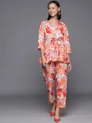 Varanga Women Rust Abstract Printed Top Paired With Tonal Printed Bottom