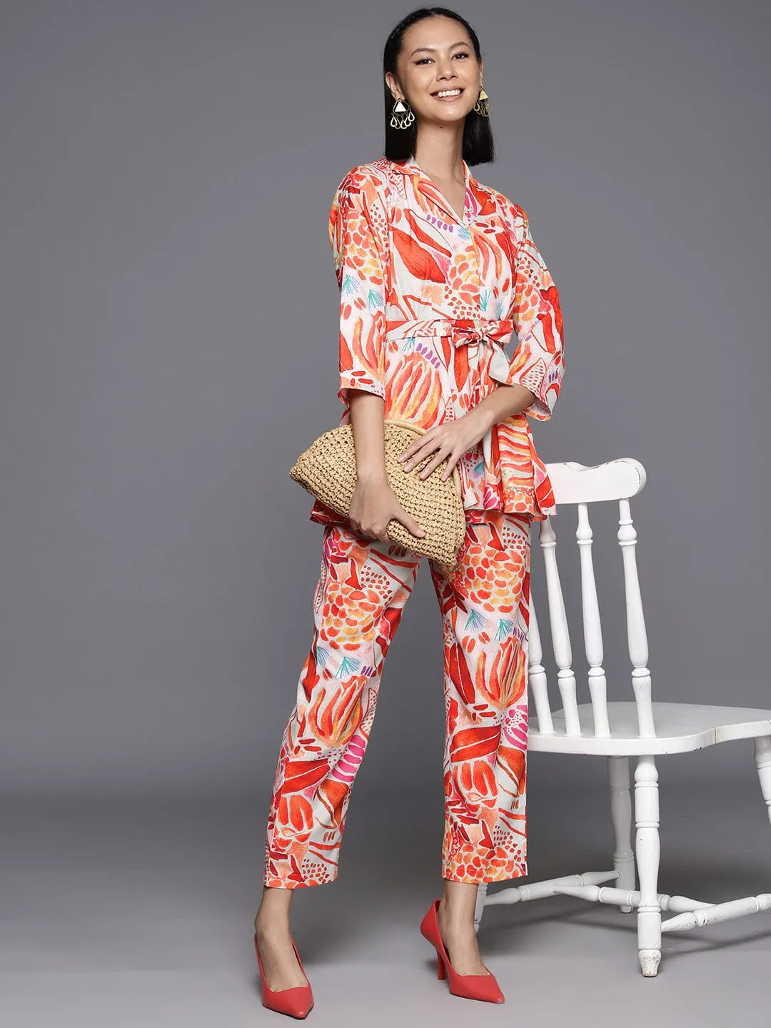 Varanga Women Rust Abstract Printed Top Paired With Tonal Printed Bottom