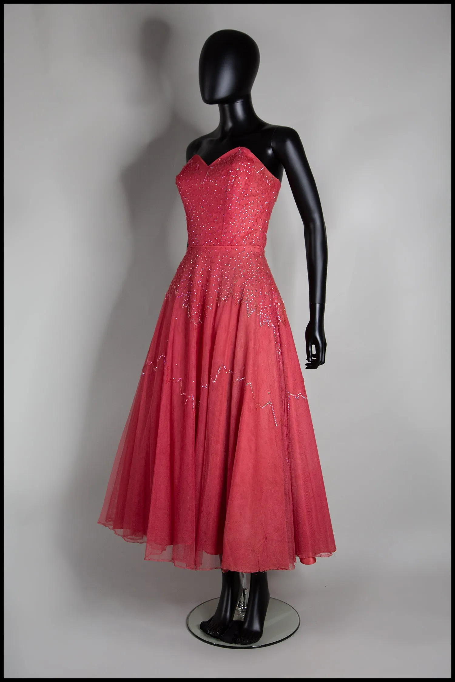 Vintage 1950s Raspberry Silk Tulle Sequin Dress