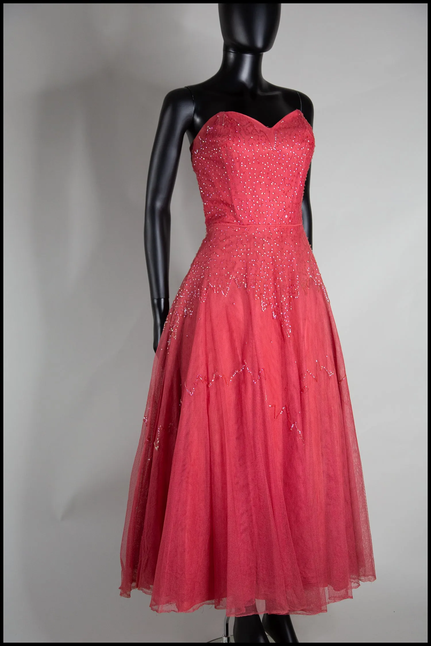 Vintage 1950s Raspberry Silk Tulle Sequin Dress