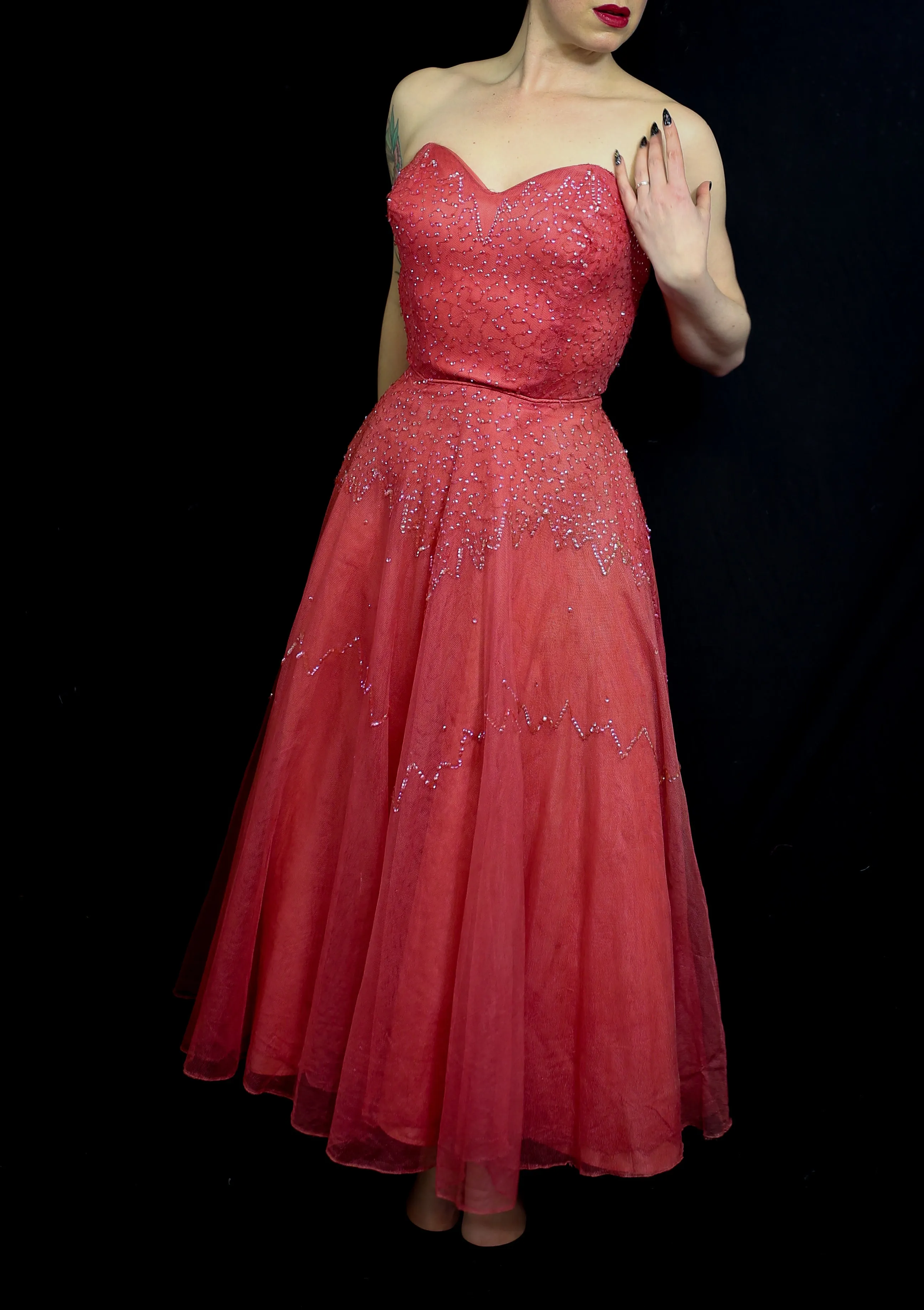 Vintage 1950s Raspberry Silk Tulle Sequin Dress