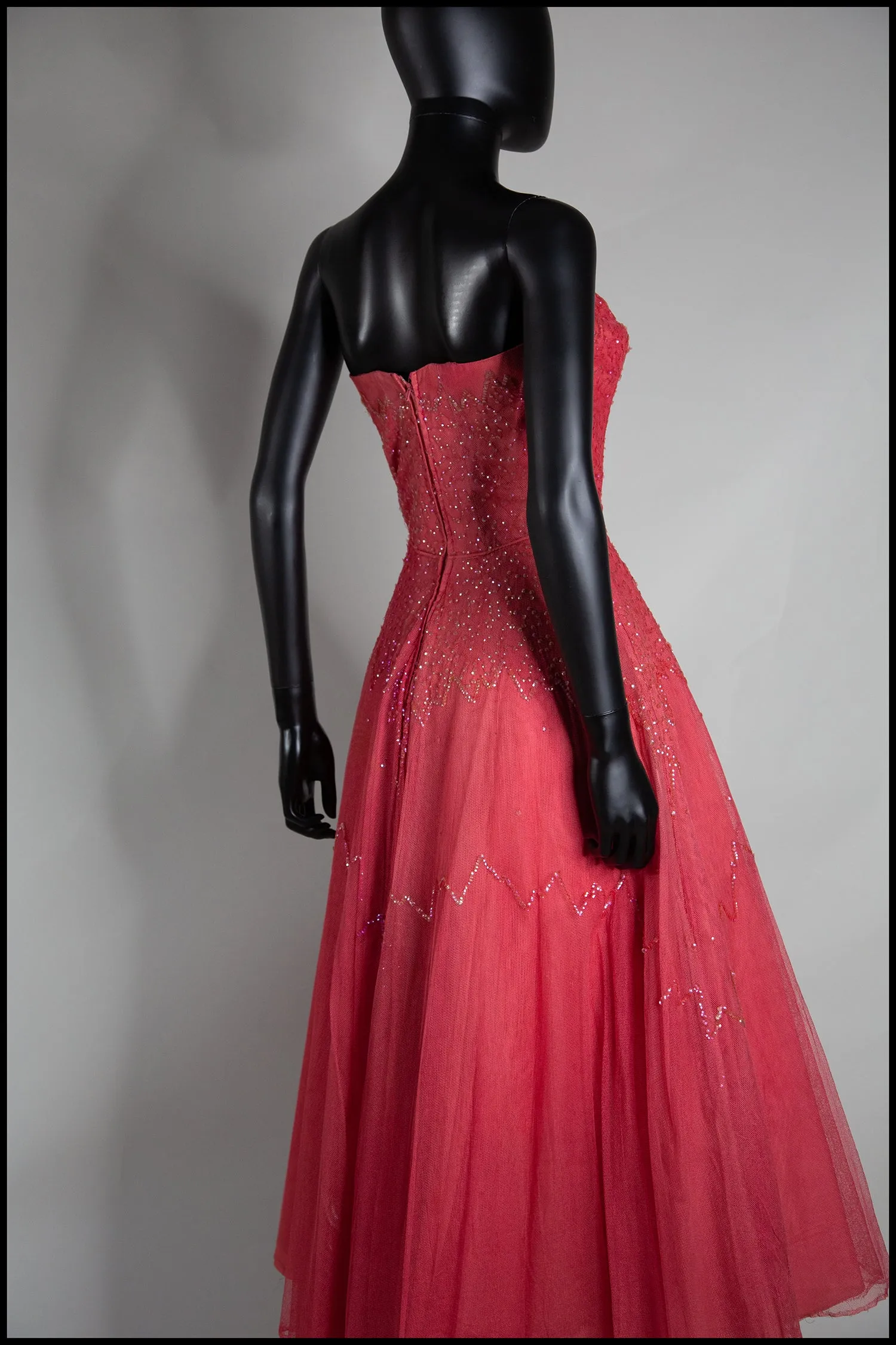Vintage 1950s Raspberry Silk Tulle Sequin Dress