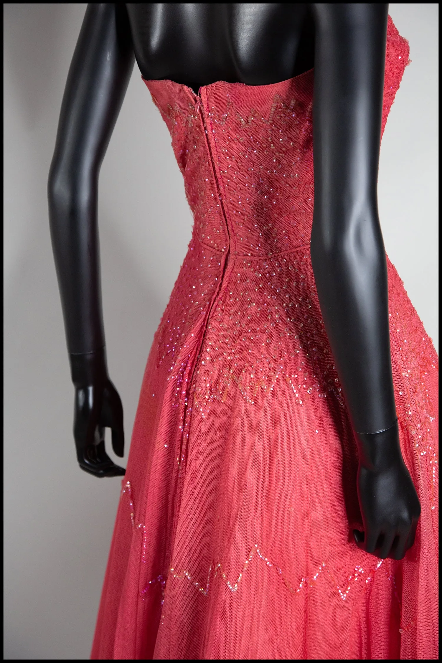 Vintage 1950s Raspberry Silk Tulle Sequin Dress