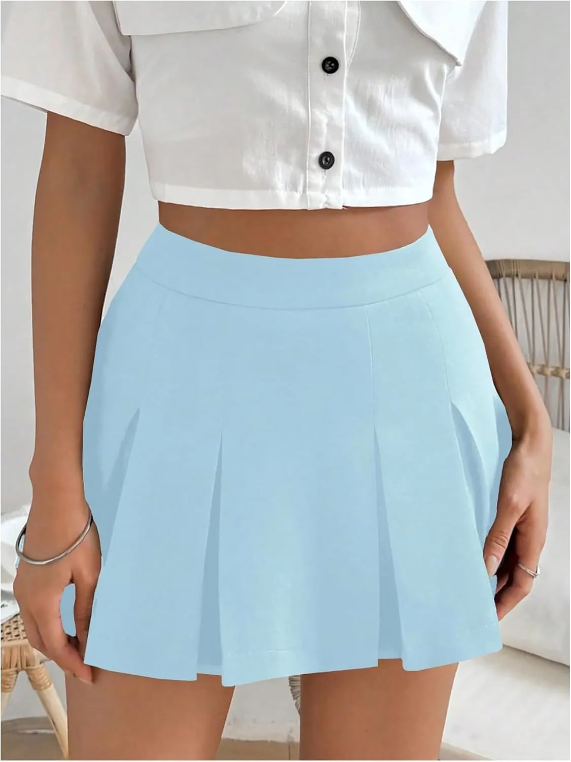 WDIRARA Women's High Waisted Pleated Skirt Skater A Line Mini Uniform Skirt