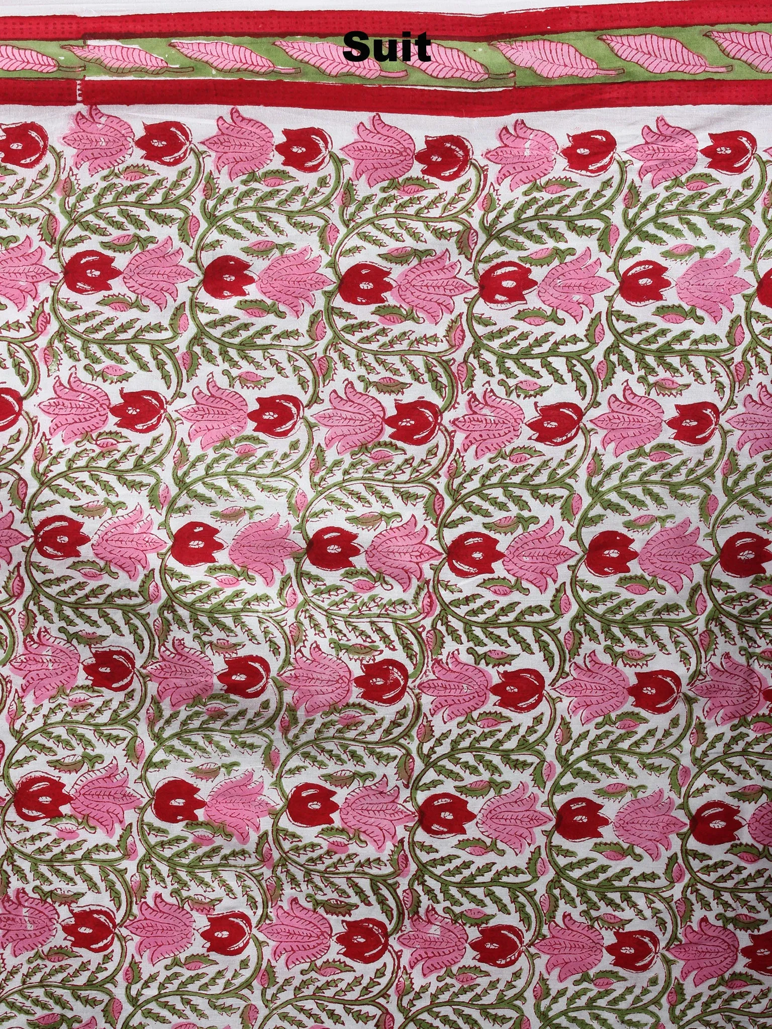 White Green Red Pink Hand Block Printed Cotton Suit-Salwar Fabric With Chiffon Dupatta - S1628057