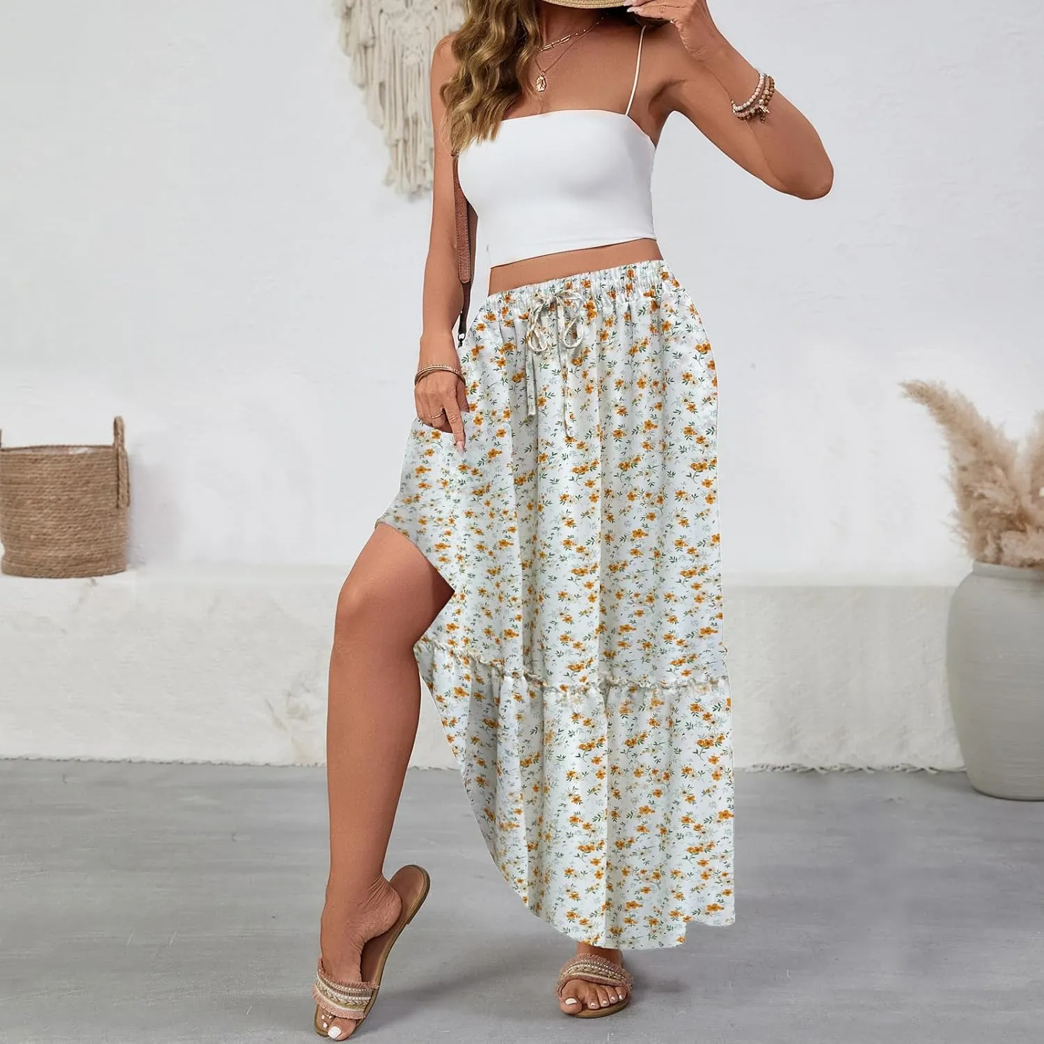 Women Boho Floral Maxi Skirts Casual Summer Flowy Elastic High Waisted A Line Beach Long Skirt with Side Pockets