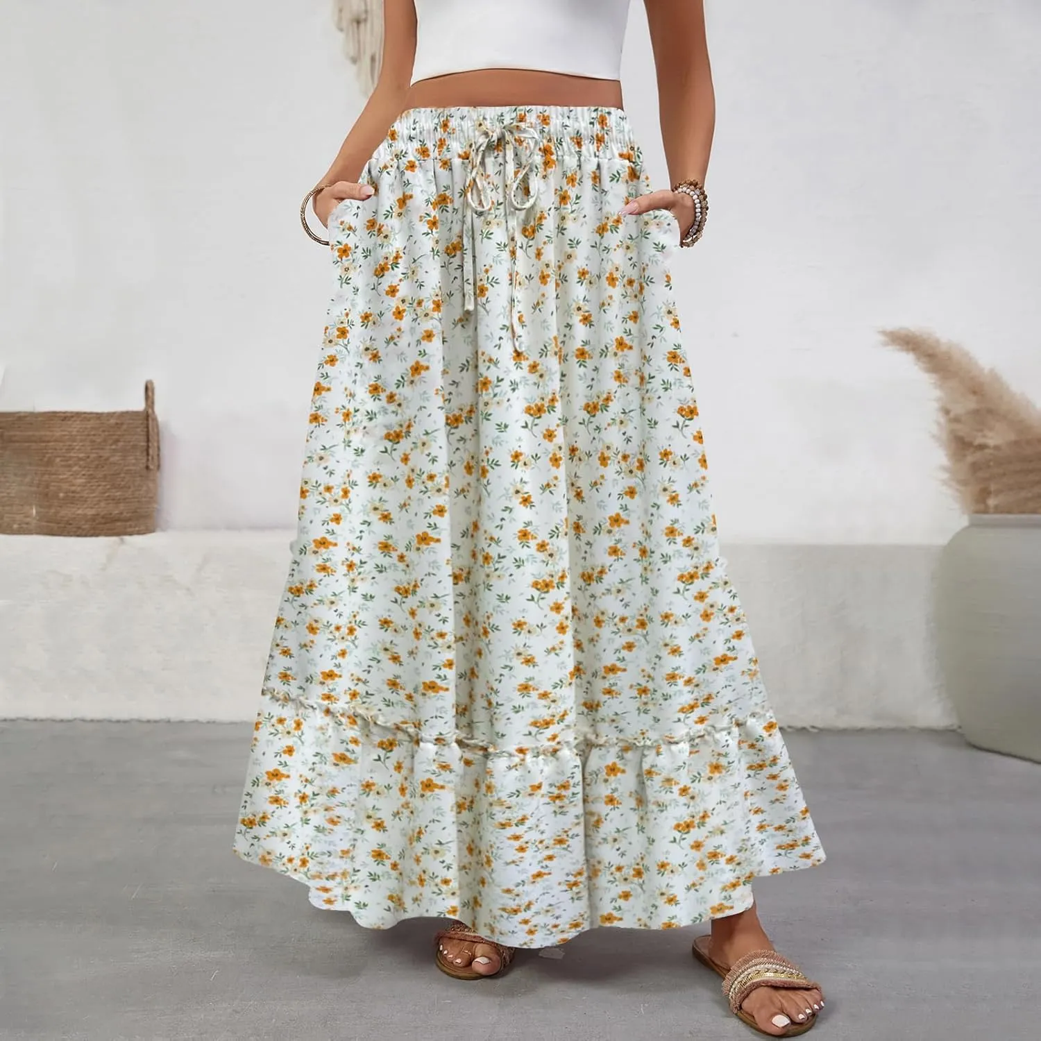 Women Boho Floral Maxi Skirts Casual Summer Flowy Elastic High Waisted A Line Beach Long Skirt with Side Pockets