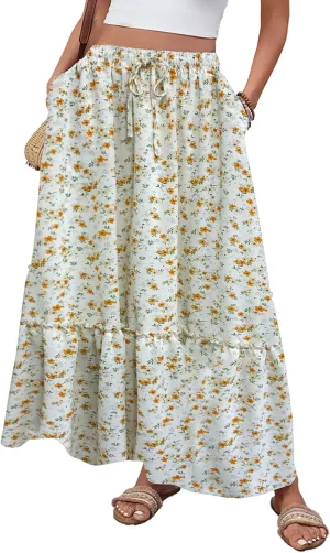 Women Boho Floral Maxi Skirts Casual Summer Flowy Elastic High Waisted A Line Beach Long Skirt with Side Pockets