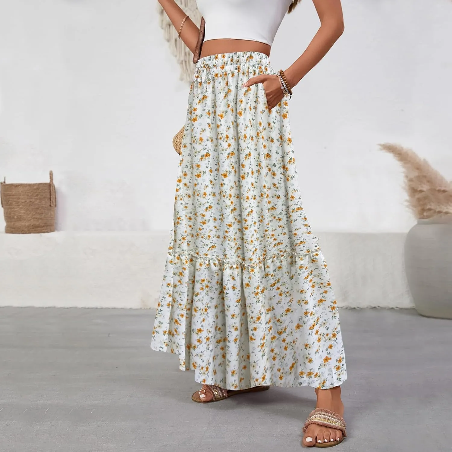 Women Boho Floral Maxi Skirts Casual Summer Flowy Elastic High Waisted A Line Beach Long Skirt with Side Pockets