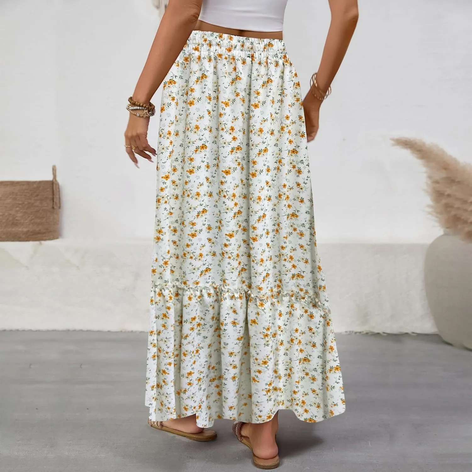Women Boho Floral Maxi Skirts Casual Summer Flowy Elastic High Waisted A Line Beach Long Skirt with Side Pockets