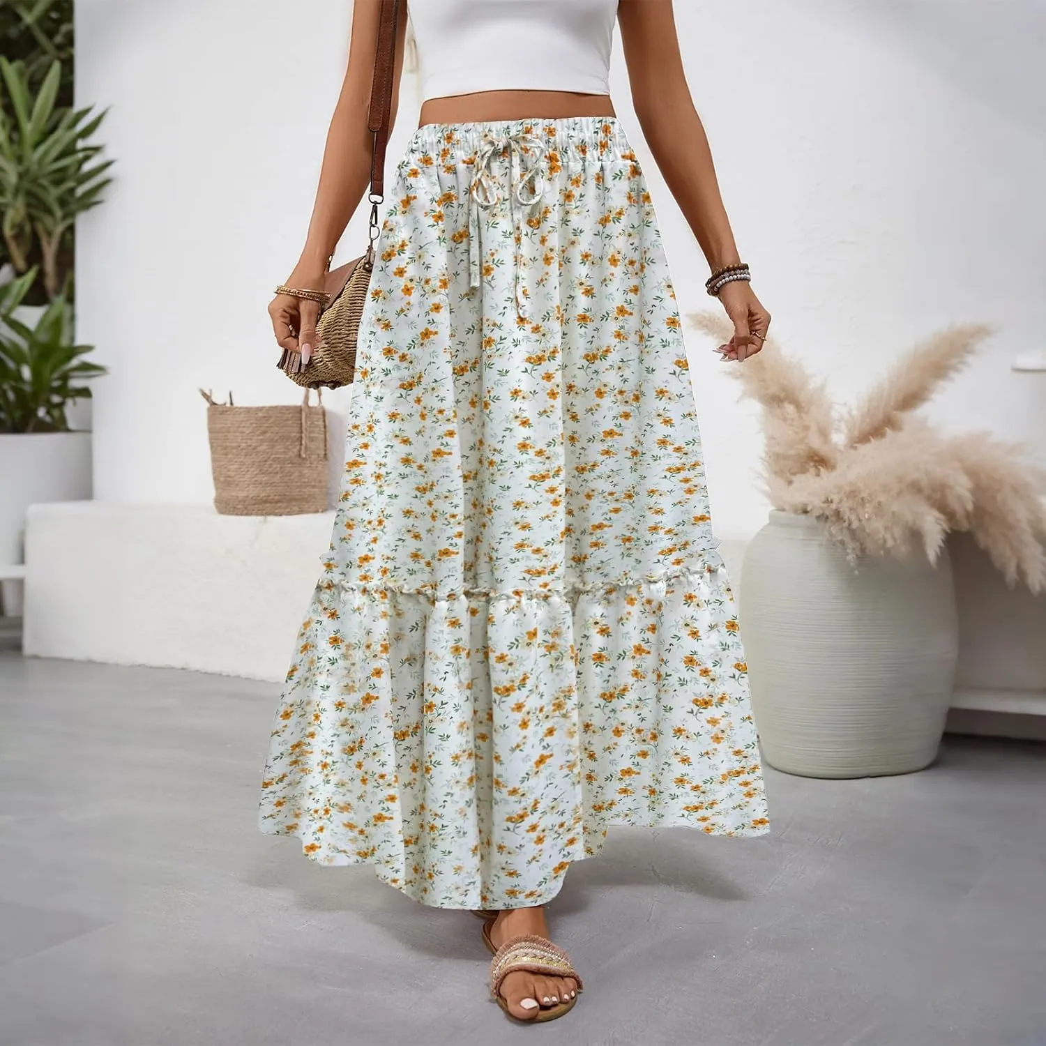 Women Boho Floral Maxi Skirts Casual Summer Flowy Elastic High Waisted A Line Beach Long Skirt with Side Pockets