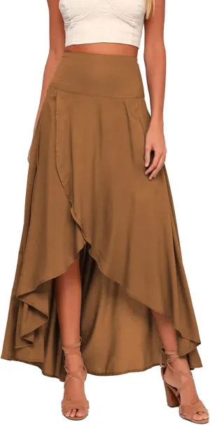 Women Boho High Waist Wrap Skirt Flowy Skirts Maxi Skirt with Slit Ruffle High Low Skirt with Shorts