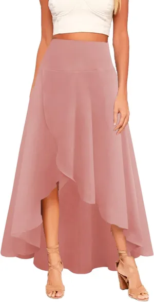 Women Boho High Waist Wrap Skirt Flowy Skirts Maxi Skirt with Slit Ruffle High Low Skirt with Shorts