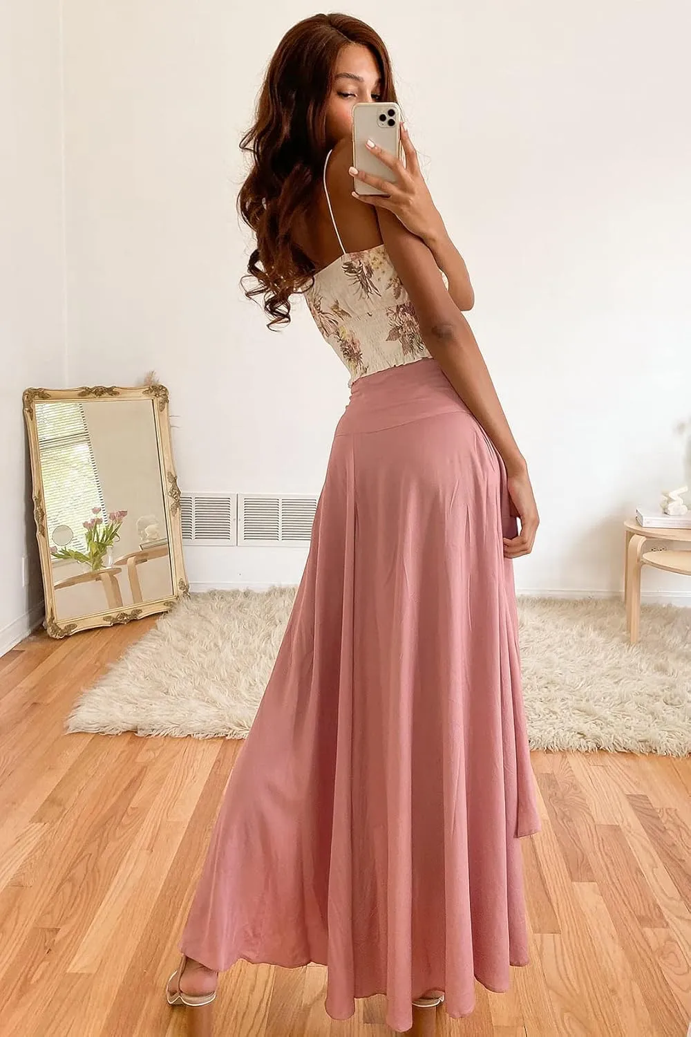 Women Boho High Waist Wrap Skirt Flowy Skirts Maxi Skirt with Slit Ruffle High Low Skirt with Shorts