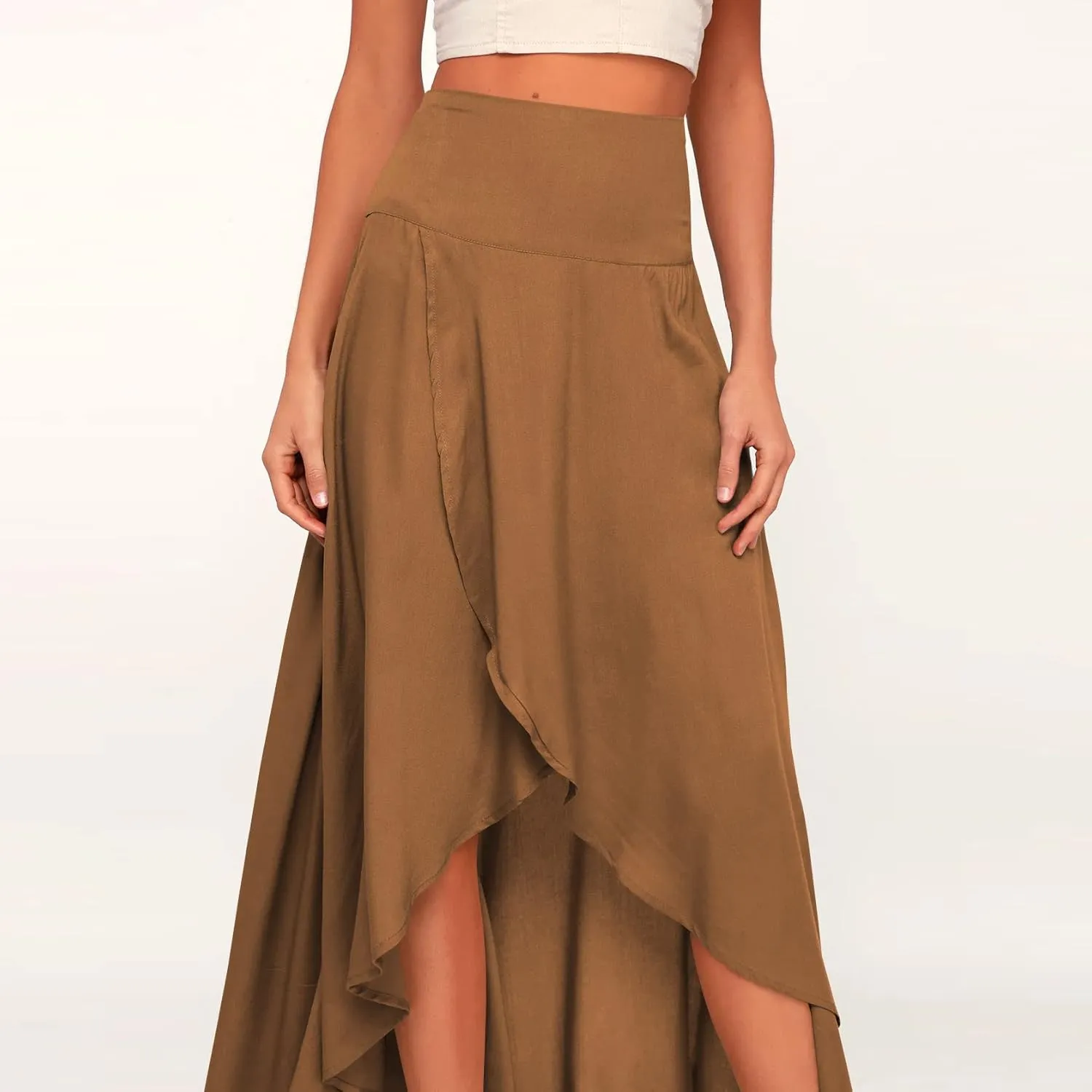 Women Boho High Waist Wrap Skirt Flowy Skirts Maxi Skirt with Slit Ruffle High Low Skirt with Shorts