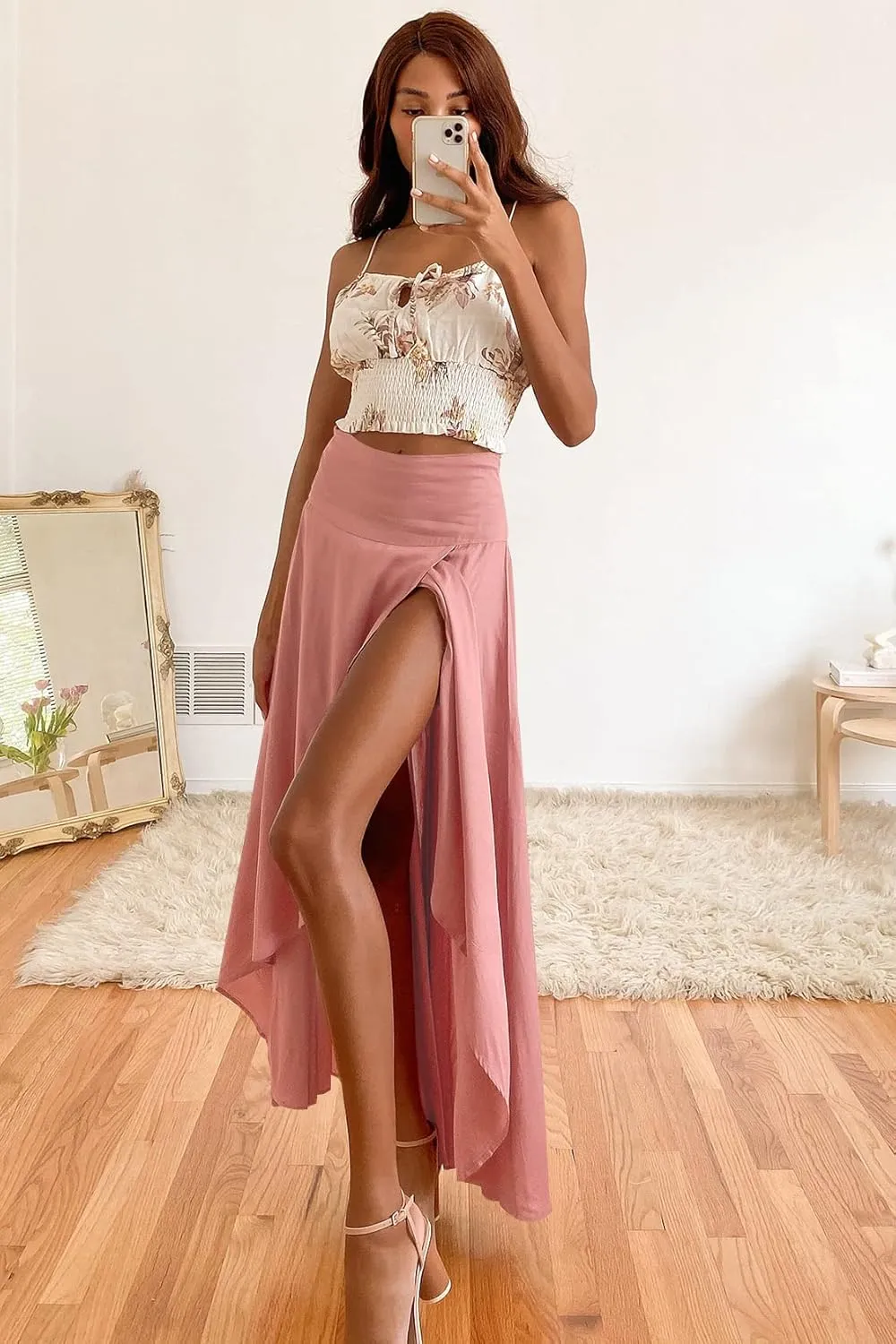 Women Boho High Waist Wrap Skirt Flowy Skirts Maxi Skirt with Slit Ruffle High Low Skirt with Shorts