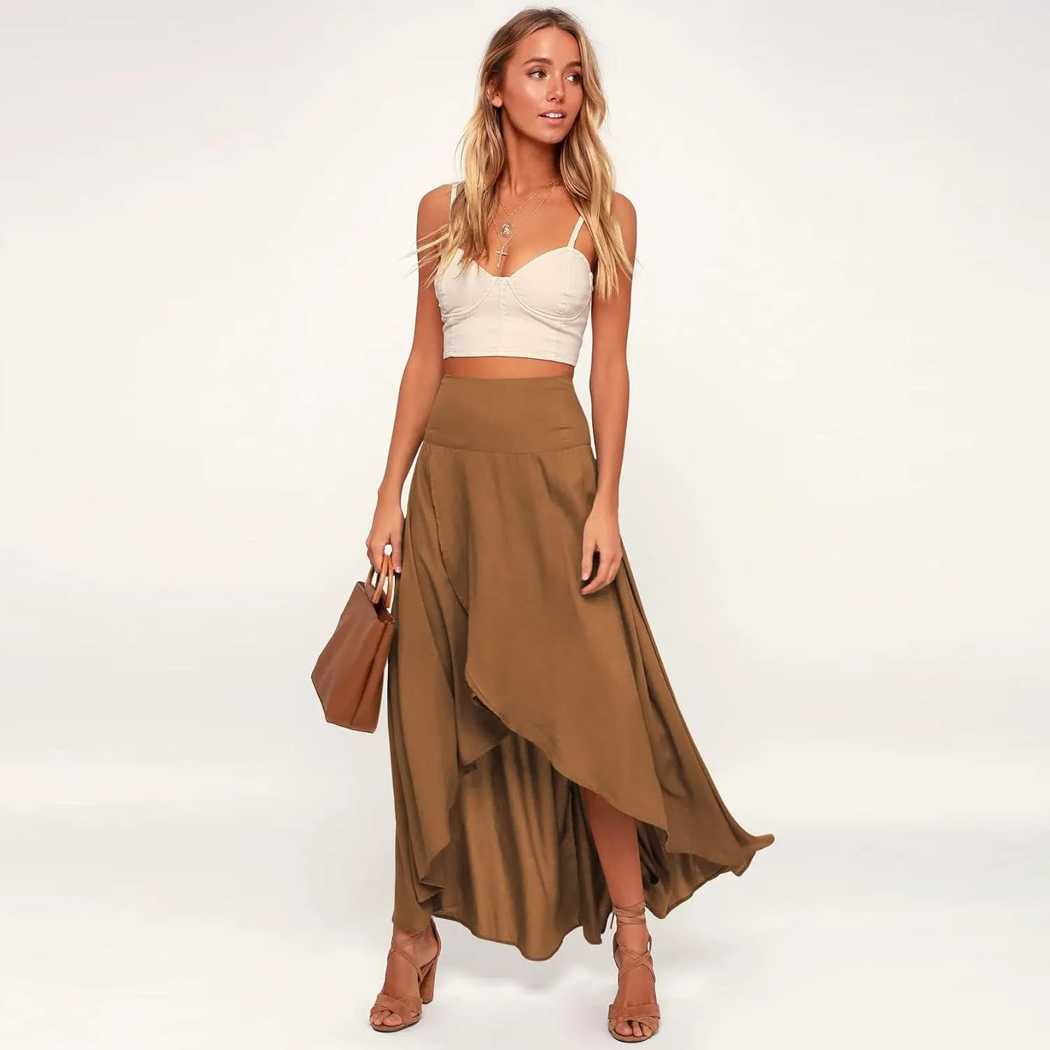 Women Boho High Waist Wrap Skirt Flowy Skirts Maxi Skirt with Slit Ruffle High Low Skirt with Shorts