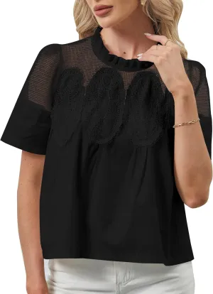 Women Lace Poplin Flared Blouse Mesh Sheer Swing Babydoll Tops Elegant Short Sleeve Crewneck Eyelet Embroidered Shirts