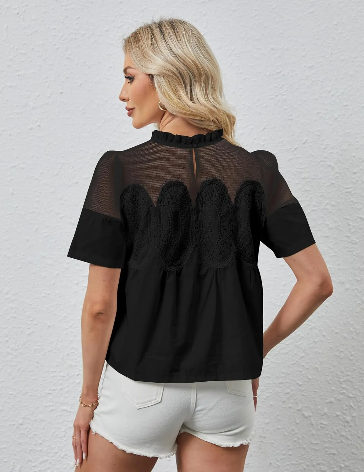 Women Lace Poplin Flared Blouse Mesh Sheer Swing Babydoll Tops Elegant Short Sleeve Crewneck Eyelet Embroidered Shirts
