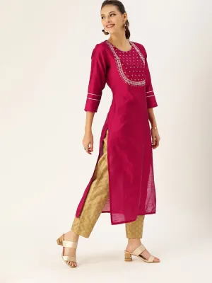 Women Magenta & White Embellished Straight Kurta