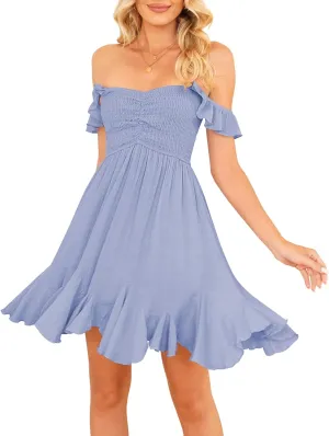 Women Off Shoulder Smocked Mini Dress Sweethear Neck Elastic Straps Ruffle Hem Sundress Ruched Backless Flowy Dress