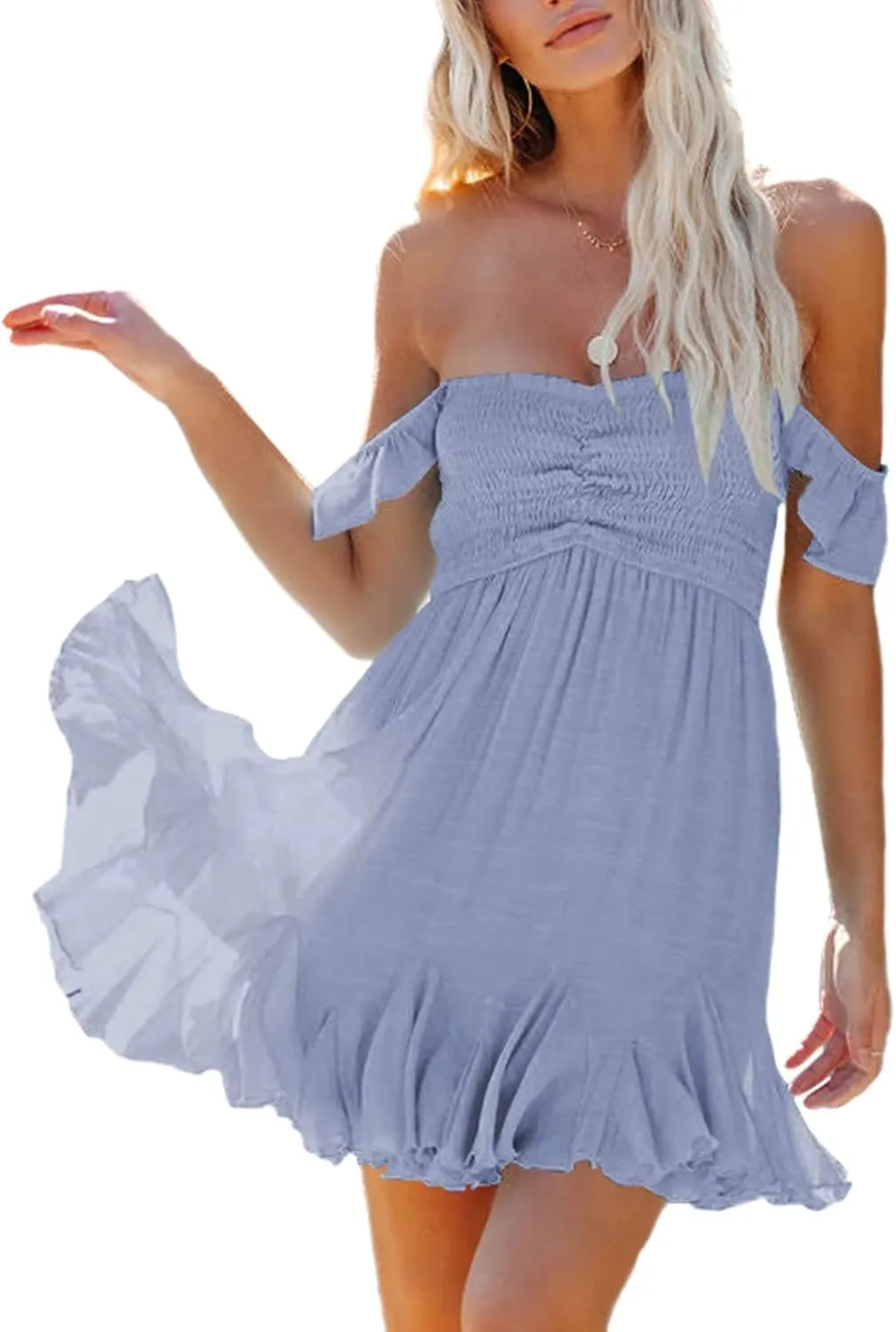 Women Off Shoulder Smocked Mini Dress Sweethear Neck Elastic Straps Ruffle Hem Sundress Ruched Backless Flowy Dress