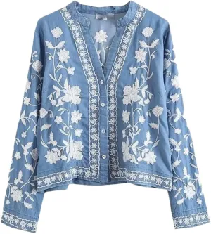 Women V Neck Long Sleeve F Embroidery Shirt Top Casual Slim Buttons Blouse