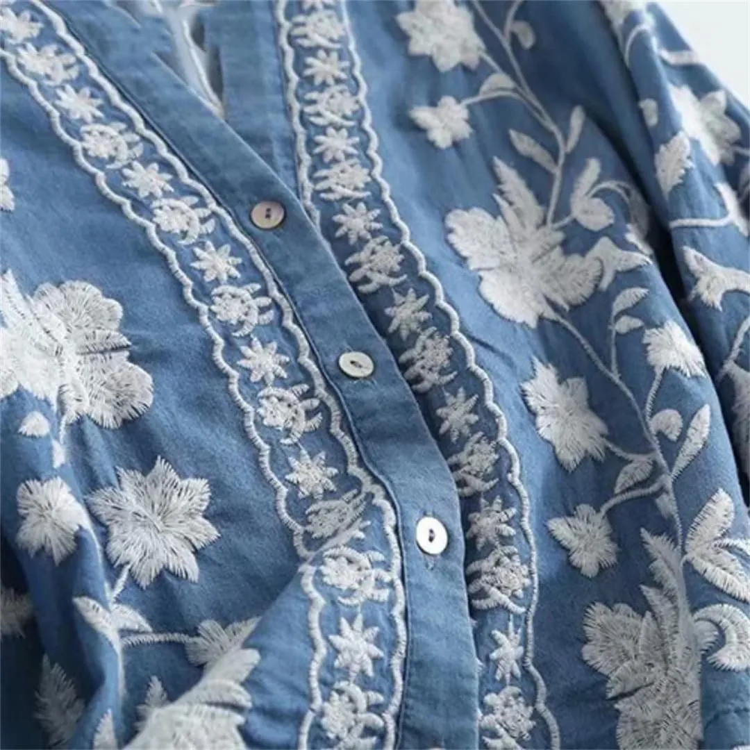 Women V Neck Long Sleeve F Embroidery Shirt Top Casual Slim Buttons Blouse