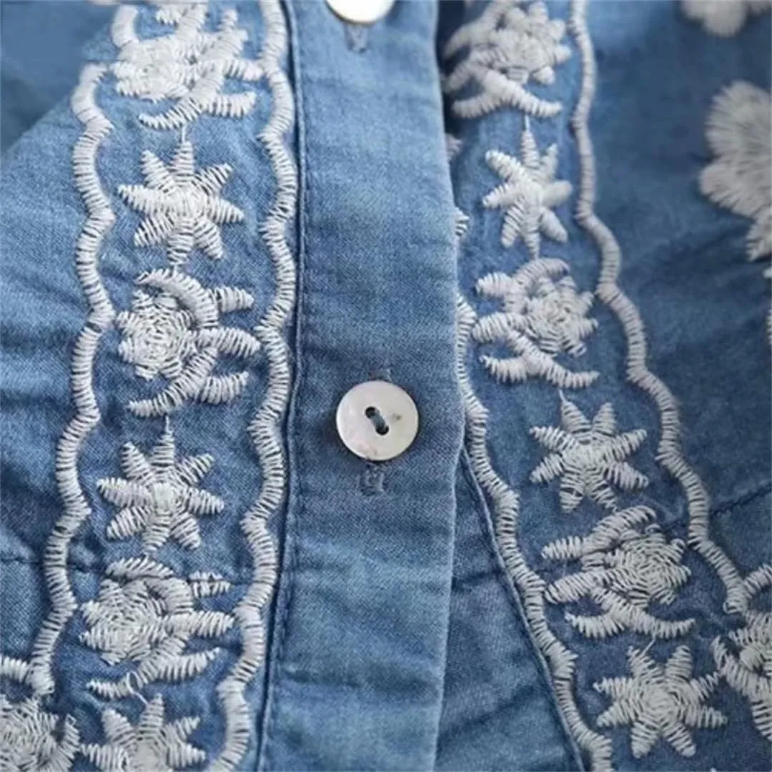 Women V Neck Long Sleeve F Embroidery Shirt Top Casual Slim Buttons Blouse