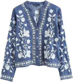 Women V Neck Long Sleeve F Embroidery Shirt Top Casual Slim Buttons Blouse