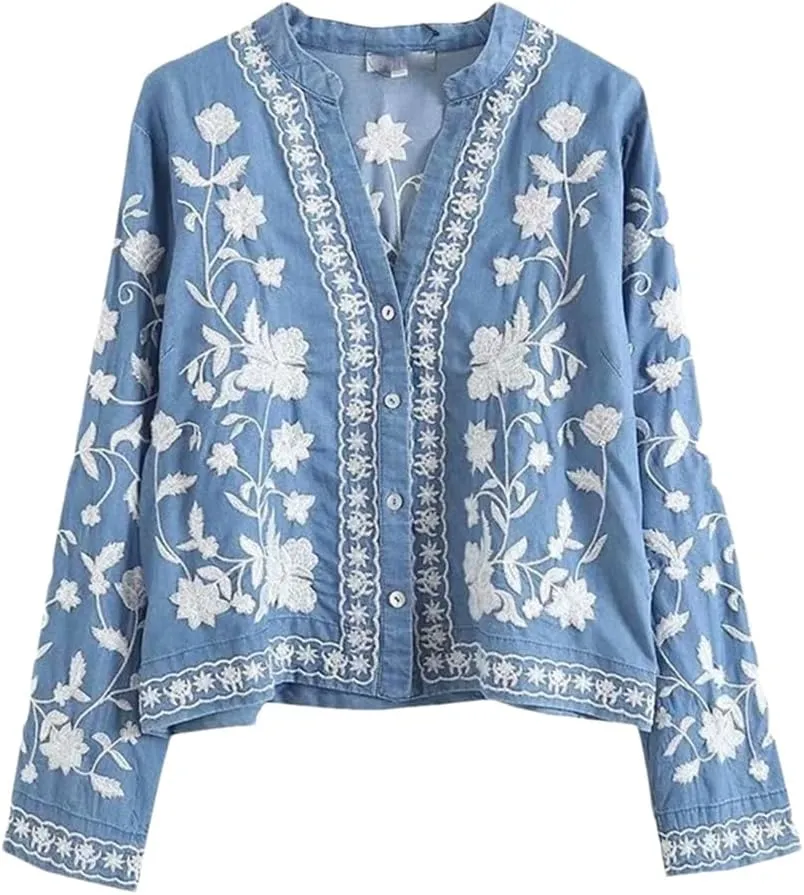 Women V Neck Long Sleeve F Embroidery Shirt Top Casual Slim Buttons Blouse