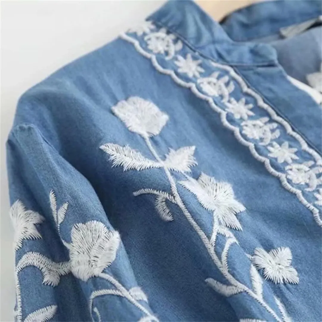 Women V Neck Long Sleeve F Embroidery Shirt Top Casual Slim Buttons Blouse
