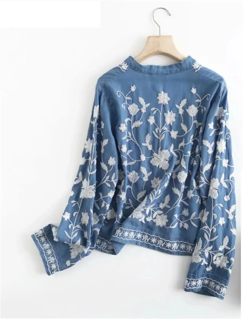 Women V Neck Long Sleeve F Embroidery Shirt Top Casual Slim Buttons Blouse