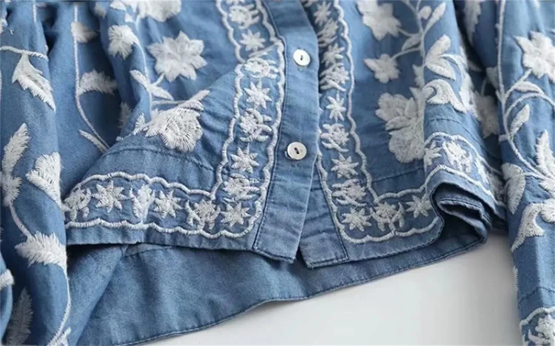 Women V Neck Long Sleeve F Embroidery Shirt Top Casual Slim Buttons Blouse