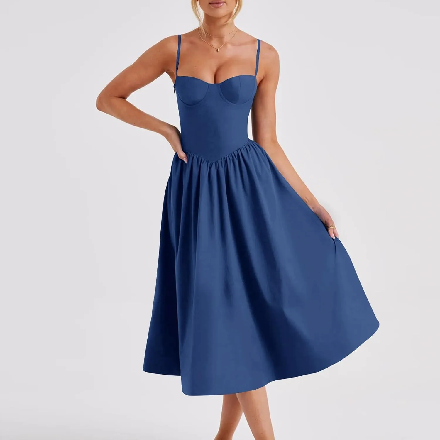Womens Corset Dress Spaghetti Strap Bustier Midi Dress Sexy Party Dress Flowy Pleated Hem Low Cut Prom Dresses