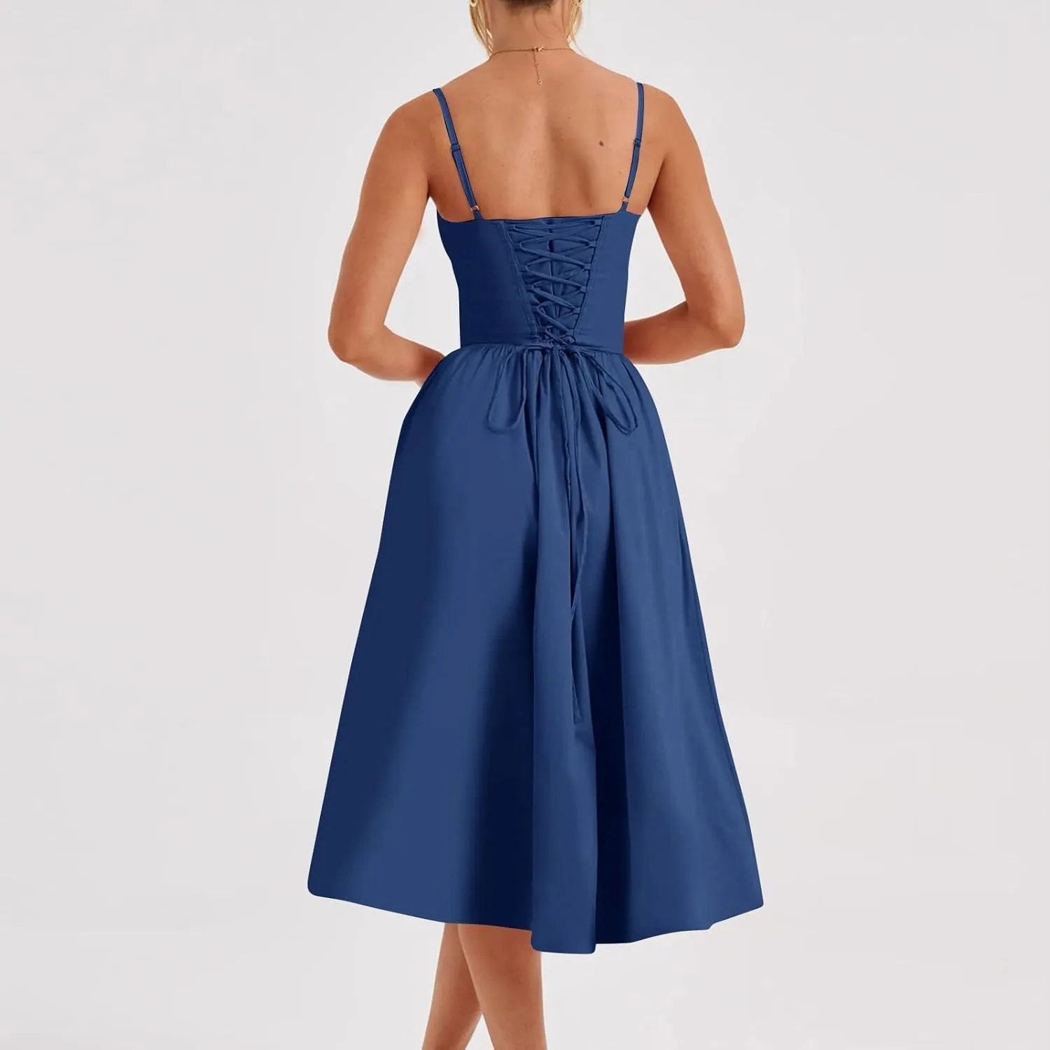 Womens Corset Dress Spaghetti Strap Bustier Midi Dress Sexy Party Dress Flowy Pleated Hem Low Cut Prom Dresses