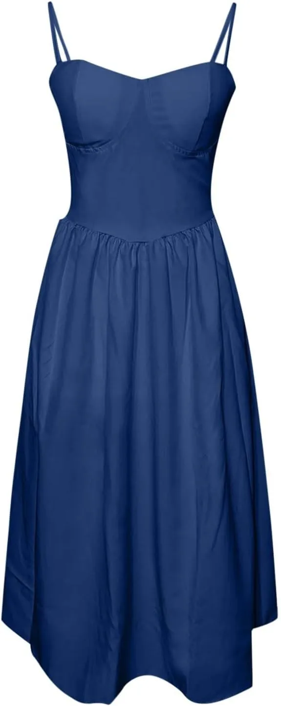 Womens Corset Dress Spaghetti Strap Bustier Midi Dress Sexy Party Dress Flowy Pleated Hem Low Cut Prom Dresses