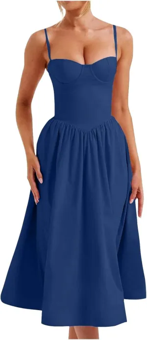 Womens Corset Dress Spaghetti Strap Bustier Midi Dress Sexy Party Dress Flowy Pleated Hem Low Cut Prom Dresses